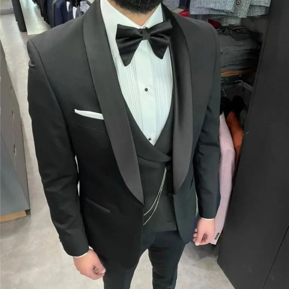 Black Groom Tuxedo for Wedding Shawl Lapel Slim Fit Men Suits 3 Pcs Smoking Fashion Prom Party Blazer (Jacket+Pants+Vest)