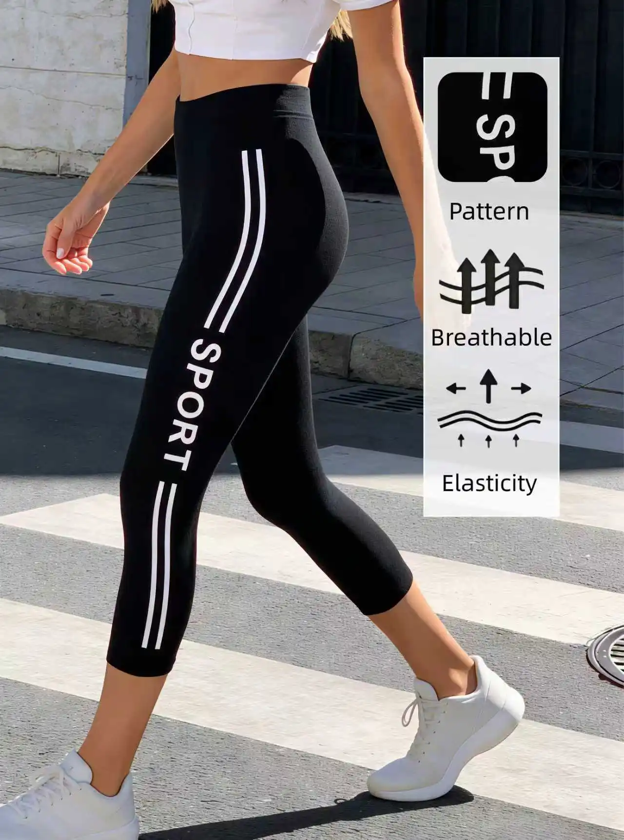 Damen High-Waist Capri-Leggings mit seitlichem SPORT-Schriftzug, gestrickt, hochelastisch, atmungsaktiv, Freizeithose für den täglichen Sport