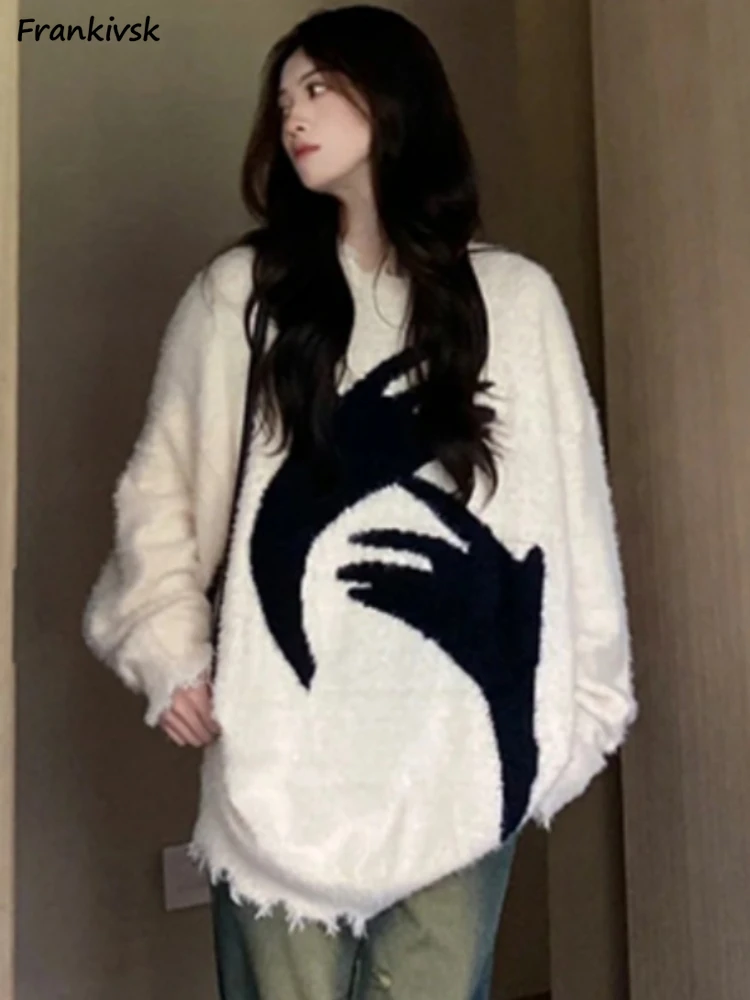

Printing Sweaters Women Baggy Simple Youthful Vitality Frayed Vintage Unisex High Street European Style Retro Slouchy Autumn