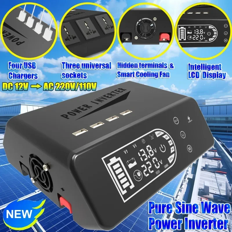 

4000W Pure Sine Wave Inverter 12V TO 220V 110V Touch Screen LCD Dual Battery Mode 3*Outlets + 4*USB Port Power Inverter for Car