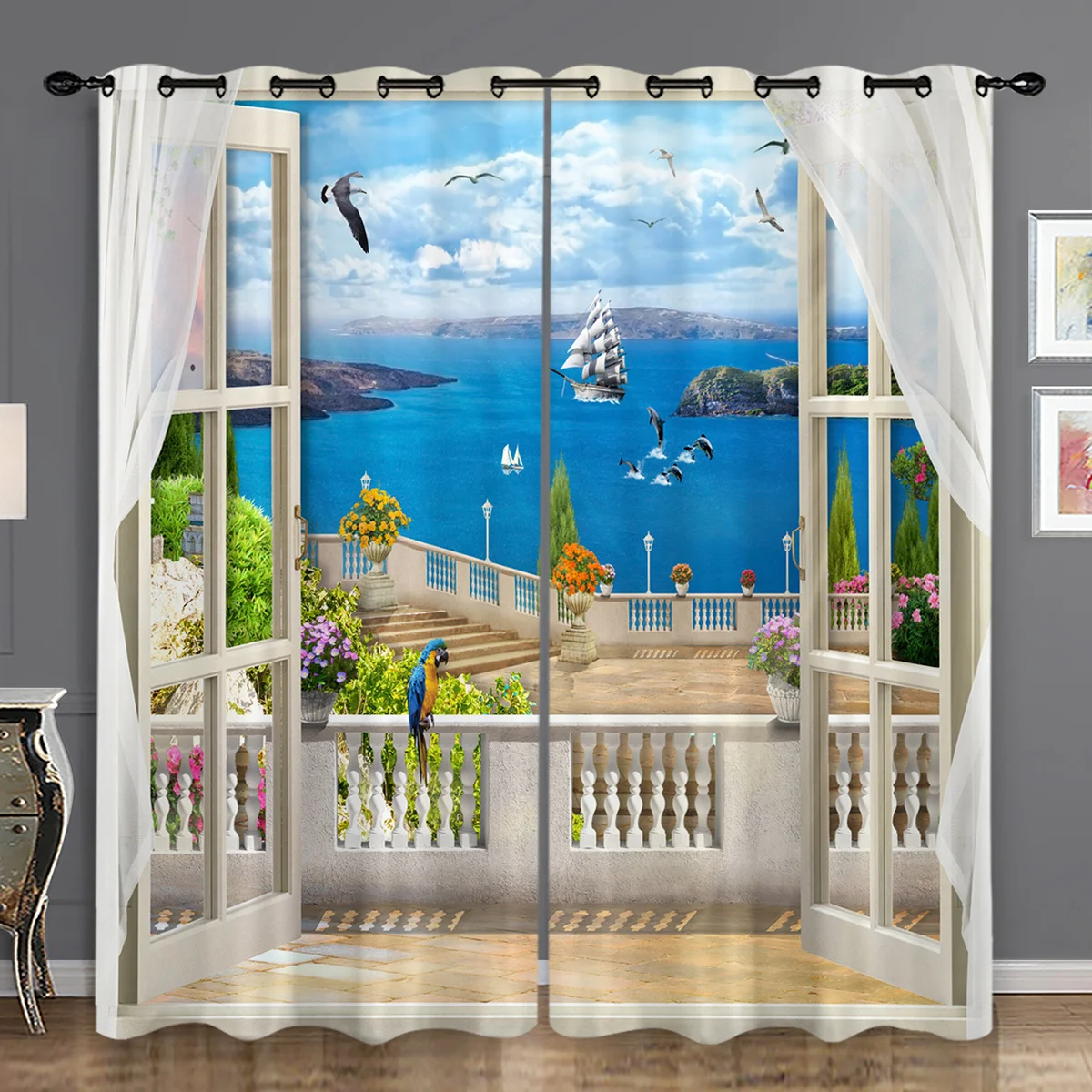

2pcs Blue Beach Landscape View Print Curtain, Suitable For Living Room, Bedroom, Bathroom, Kitchen, Study Home Decoration