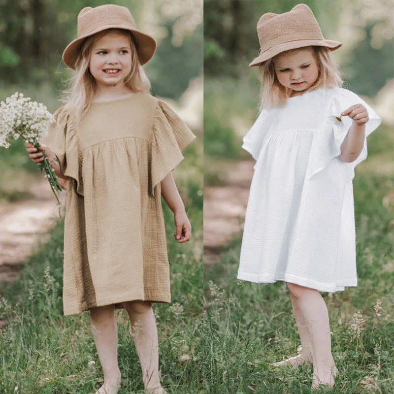 2026 Neues Kleidungsdesign für Kleine Mädchen Sommer Lässige Kinderkleidung Einfarbiger Baumwoll-Leinen-Rock Kleider für 12 Monate bis 7 Jahre