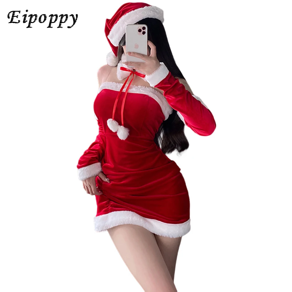 

Womens Flannel Christmas Party Santa Claus Xmas Fancy Dress Clubwear Faux Fur Trim Bodycon Dress with Hat Suit New Year Costumes