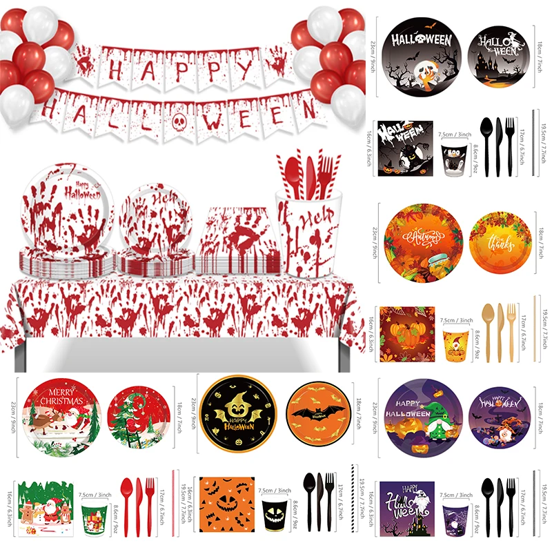 

68PCS Disposable Tableware Cups Plates Napkins Halloween Christmas Cutlery Baby Shower Party Wedding Decoration Xmas Kid Gifts