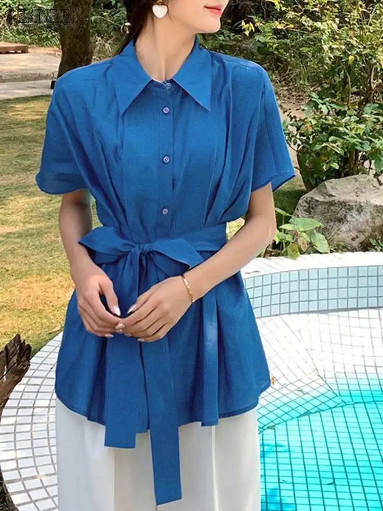 

ZANZEA Women Solid Color Blouse Short Sleeve Holiday Tops Tie Waist Lapel Long Shirts Casual 2024 Summer Fashion Pleated Chemise