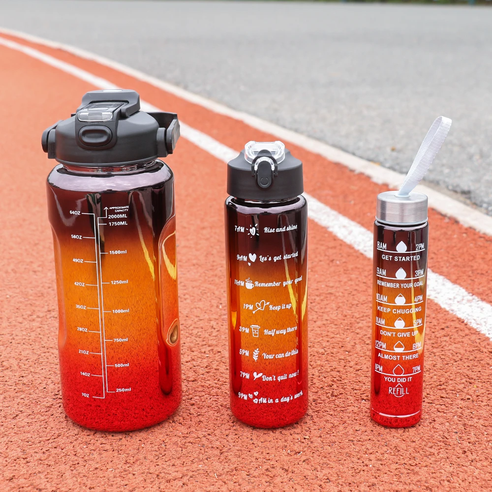 Set of 3 Leak-Proof Electroplated Gradient Water Bottles with Straws and Time Markers - Ideal