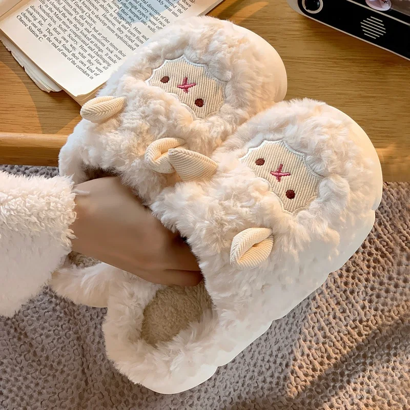 Women Lovely Sheep Fluffy Slippers Men Fashion Animals Non-slip Plush Slides Lovers Soft Warm Cartoon House Shoes For Winter 2