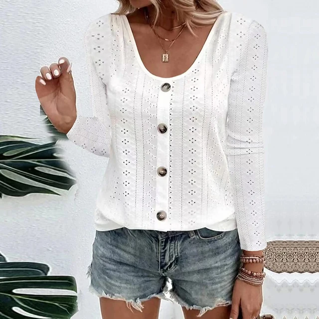 Womens Long Sleeve Tops 2023 Lace Crochet Casual Shirts Button Down V Neck Blouses Dressy Trendy Fashion Fall Clothes