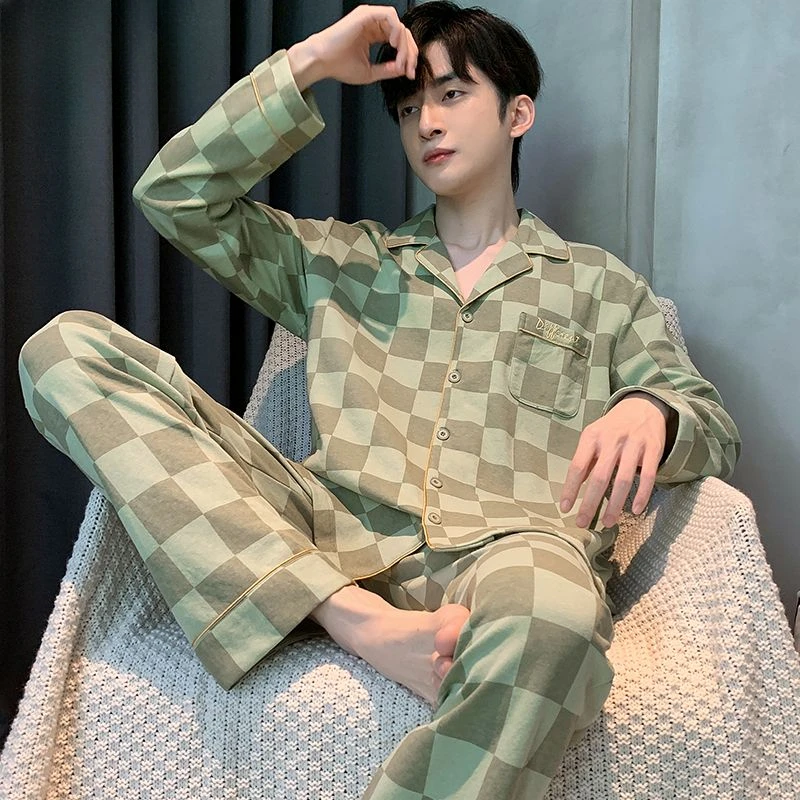 

Top Grade Pure Cotton Pajamas Spring and Autumn Long Sleeve Gentleman All Cotton Loungewear Set Can Be Worn Outside Pajama Set