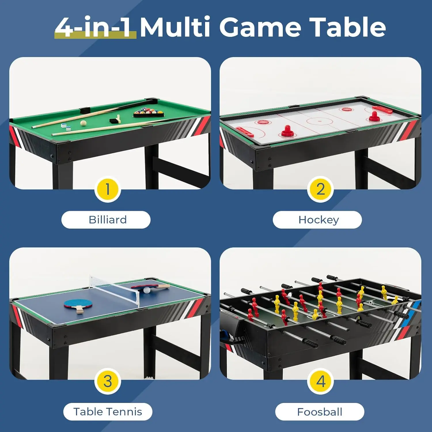 49" Multi Game Table, 4 in 1 Game Table with Foosball Table, Pool Billiards, Air Hockey & Table Tennis, Complete Combination 3