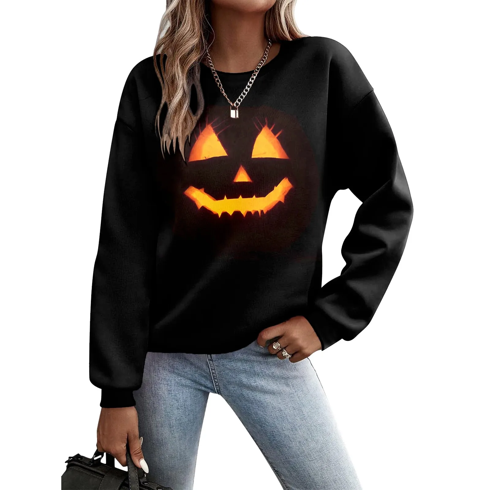 

Pumpkin Expression Print Sweatshirts For Women Crew Neck Fit Pullover Halloween Casual Long Sleeve Workout Shirts Loose Moletom
