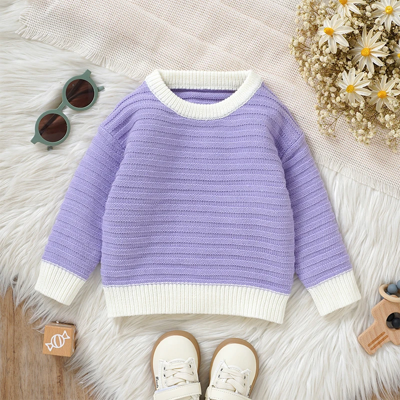 VISgogo 0-3 Years Toddler Girl Boy Fall Sweater Contrast Color Long Sleeve Crew-Neck Chunky Knitwear Tops