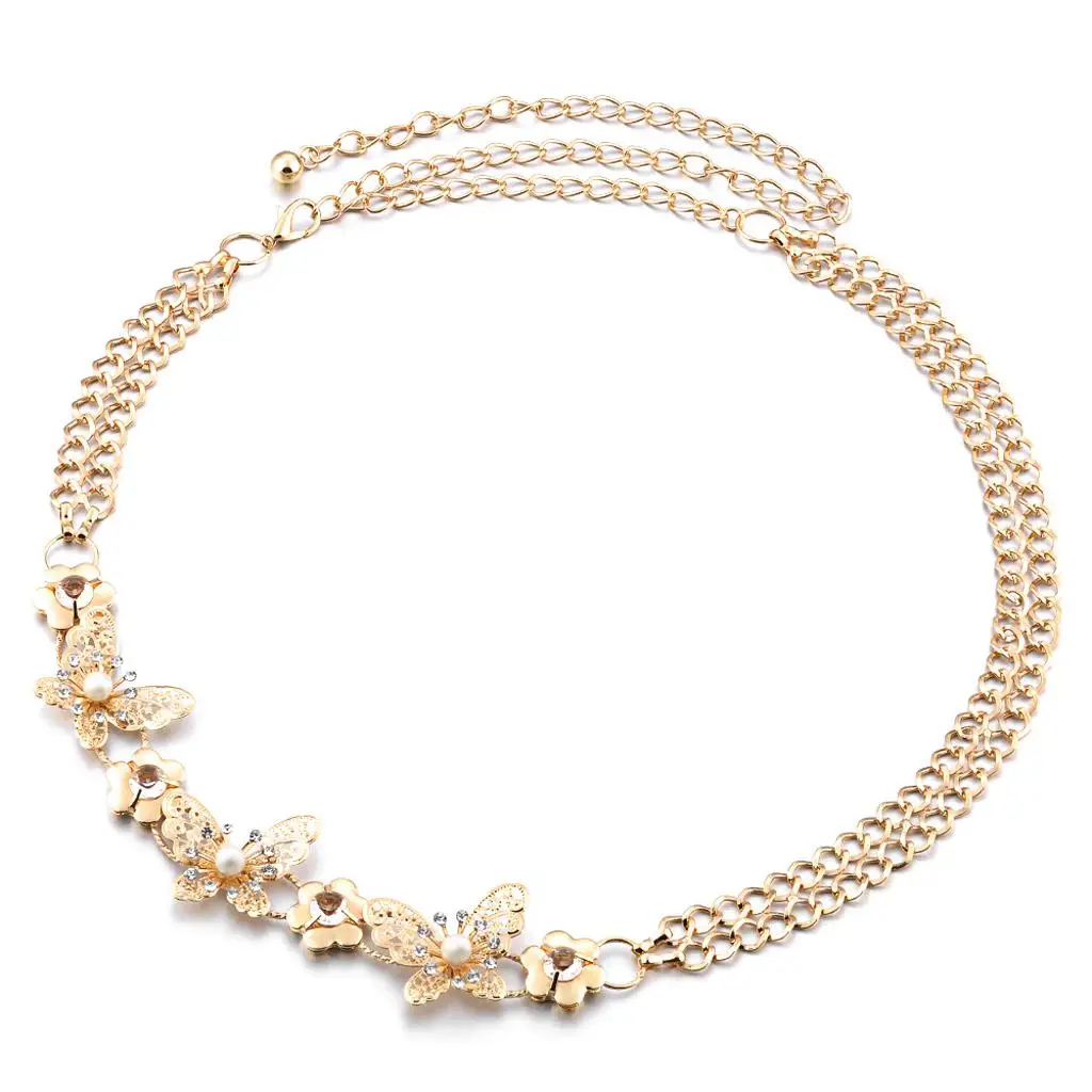 

Diamante Women's Butterfly Pearl Rhinestone Crystal Metal Chain Belt for Evening Dress