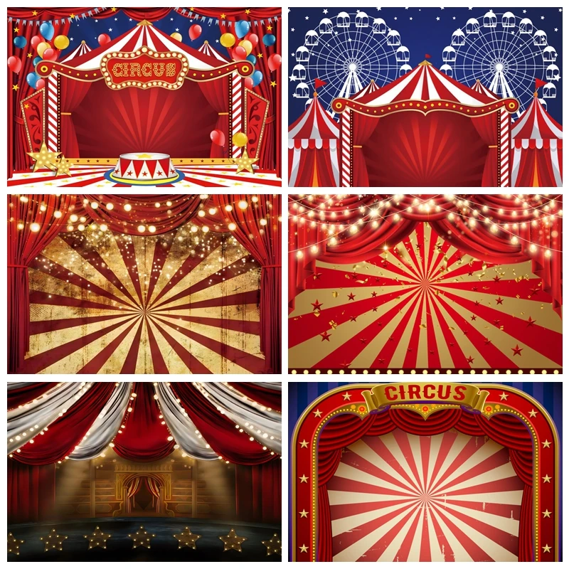 Red Circus Tent Backdrop for Carnival Night Theme Party Baby Shower Kid Birthday Red Curtain Balloon Star Photography Background