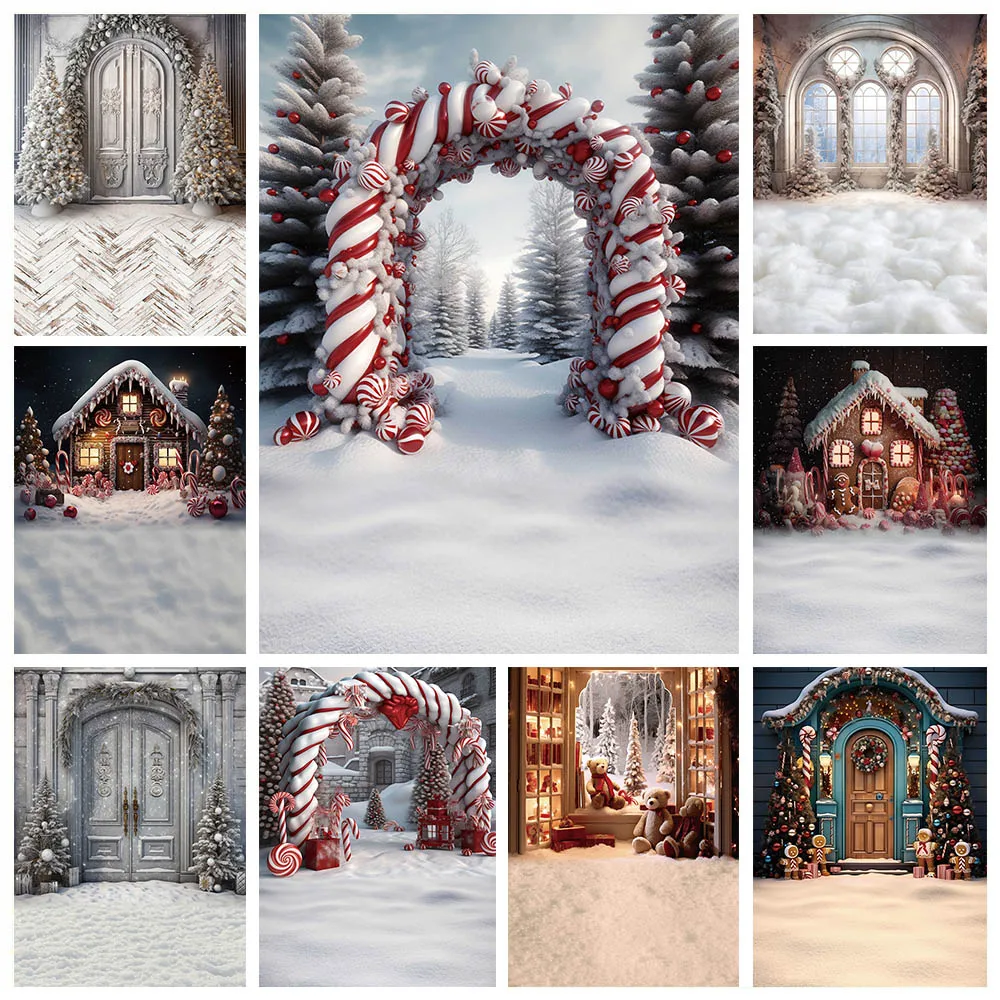 

Mehofond Christmas Candy Arch Door Backdrop Family Portrait Gingerbread House Snowland Window Decor Photography Background Props