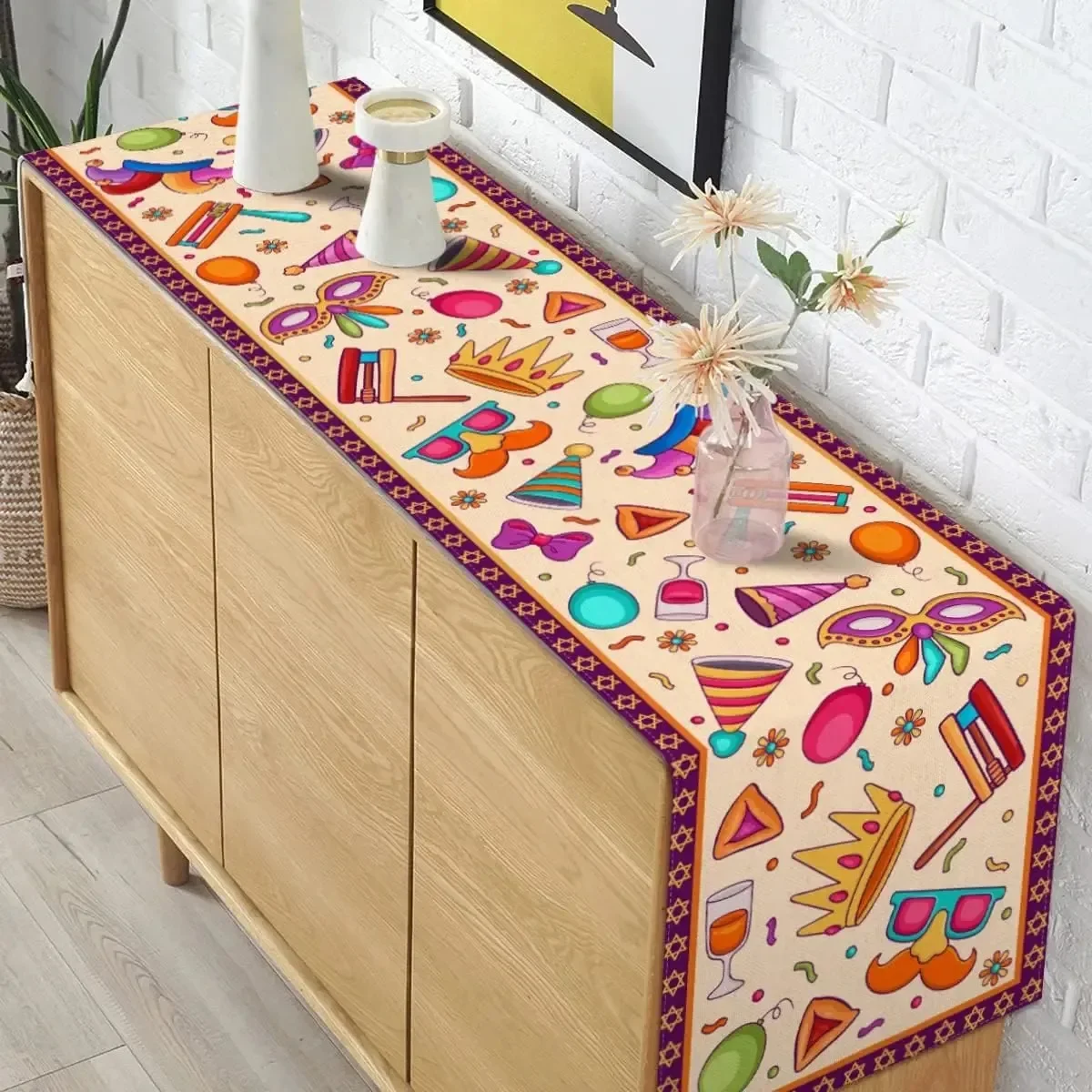 Happy Purim Linen Table Runner Jewish Holiday Carnival Party Decor Masque Crown Kitchen Dining Room Outdoor Picnic Home Decor