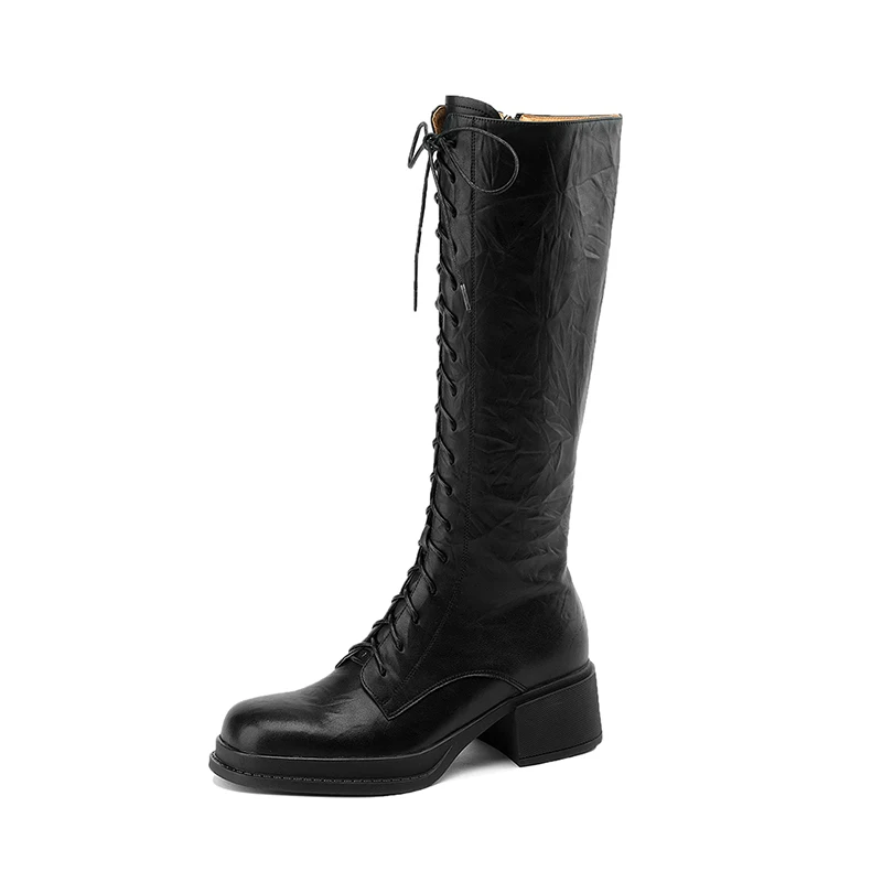 

2023 Women Knee-High Boots Autumn Winter Ladies Zipper Boots Black Brown Round Toe Chunky Heels Fashion Casual Boots