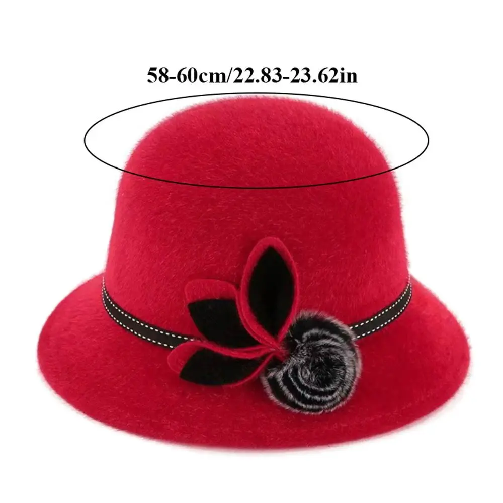 Autumn Winter Imitation Mink Fur Basin Hat Elegant Ladies Fedoras Cap With Flower Vintage Dome Hat Outdoor Sun Hat Wool Hats