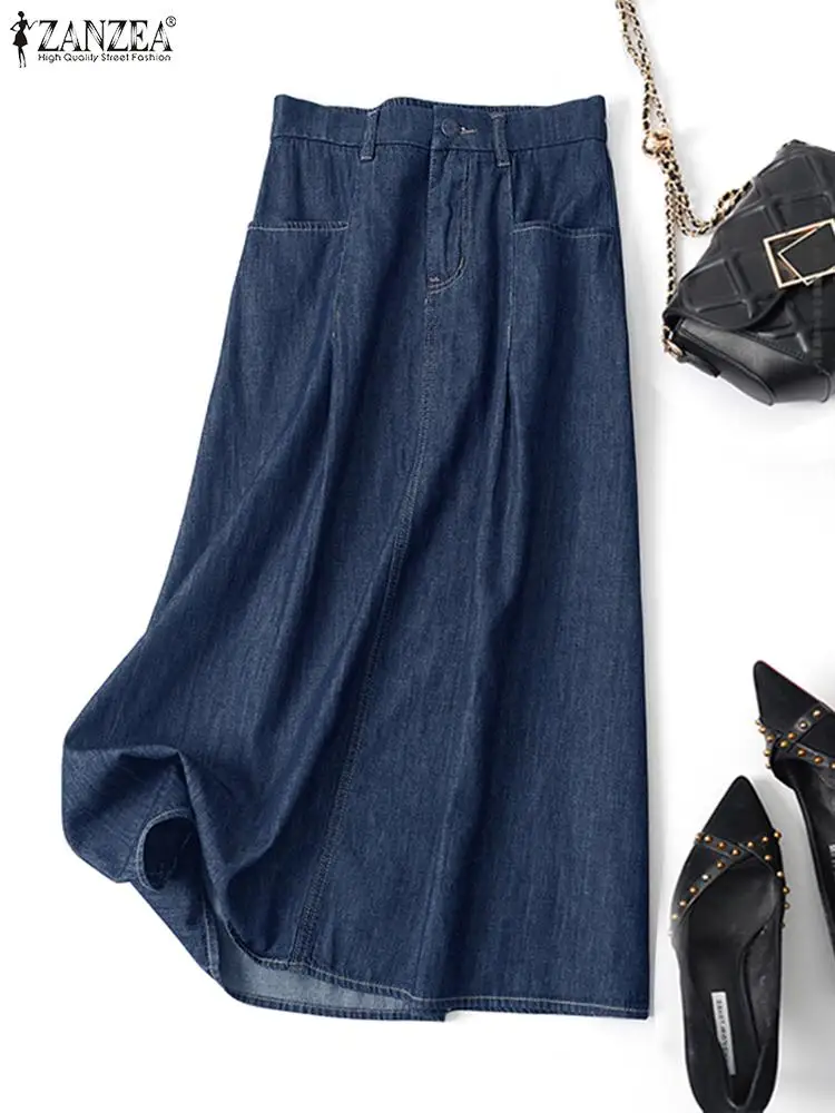 

ZANZEA Fashion Women Demin Long Skirt Street High Waist Midi Jupes Casual Loose Front Zipper Back Elastic Faldas Pockets Skirts