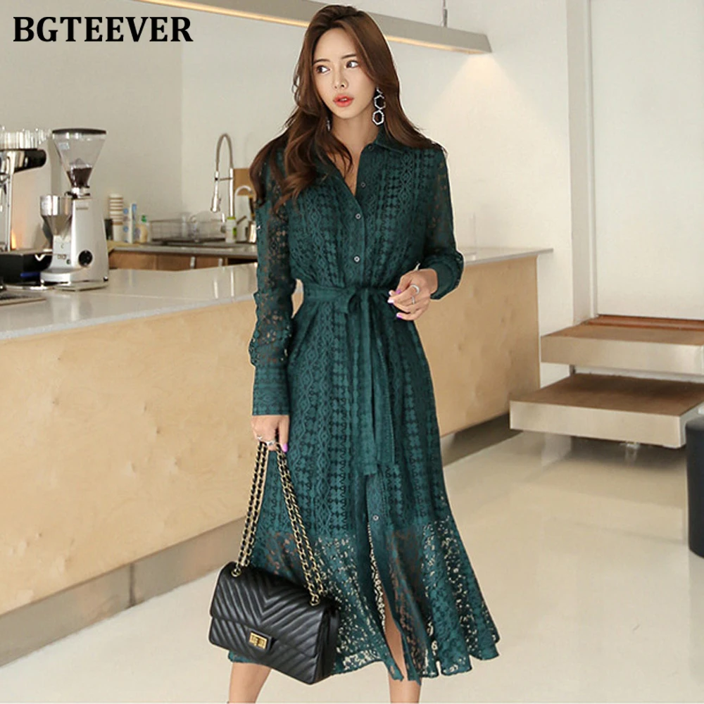 BGTEEVER Vintage Hollow-out Lace Women Long Dress Bandage Elegant Mermaid Female Dress Full Sleeve Vestidos