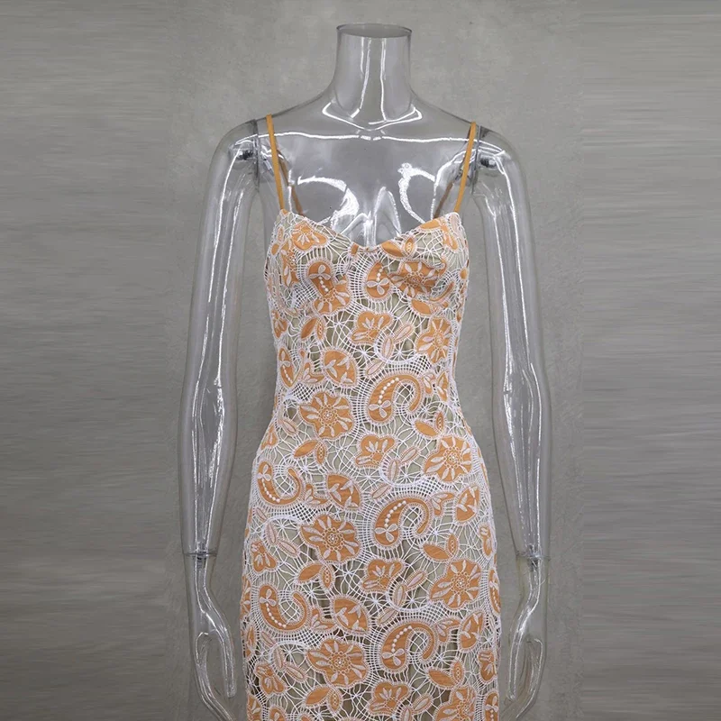Sexy Embroidery Slip Midi Dress Women Backless Hollow Out Hip Package Zipper Dresses 2025 Spring Summer Lady Party Evening Gowns