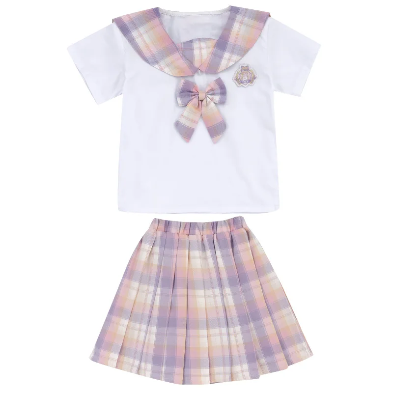 

Fashion Outfit for Girls Summer Preppy Style Bow Design Short Sleeves + JK Plaid Skirt 2pcs Streetwear Children's Clothing 4-14Y