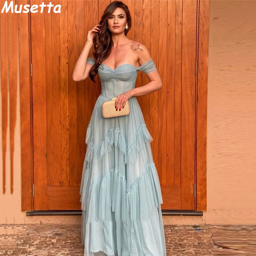 

Musetta Sexy Off the Shoulder Tulle Long Prom Dresses Ruffles Tiered Arabic Women Formal Party Evening Gowns Robe de soiree