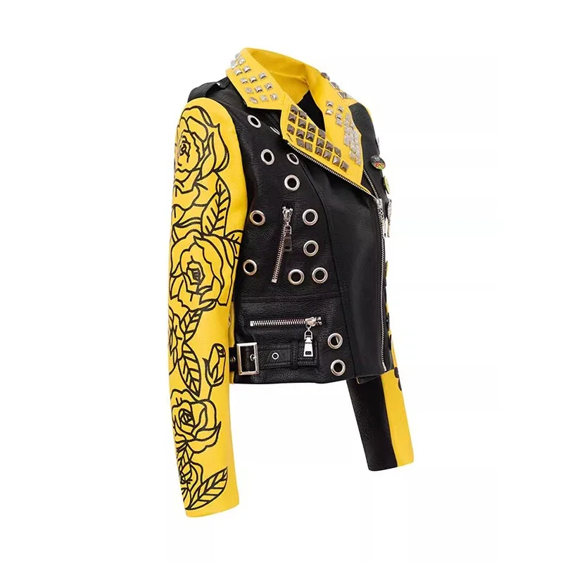 Graffiti Print Faux Leather Cropped Jacket for Women 2024 Trend Punk Style Streetwear Studded Motorcycle Leather Jacket S-XXXL