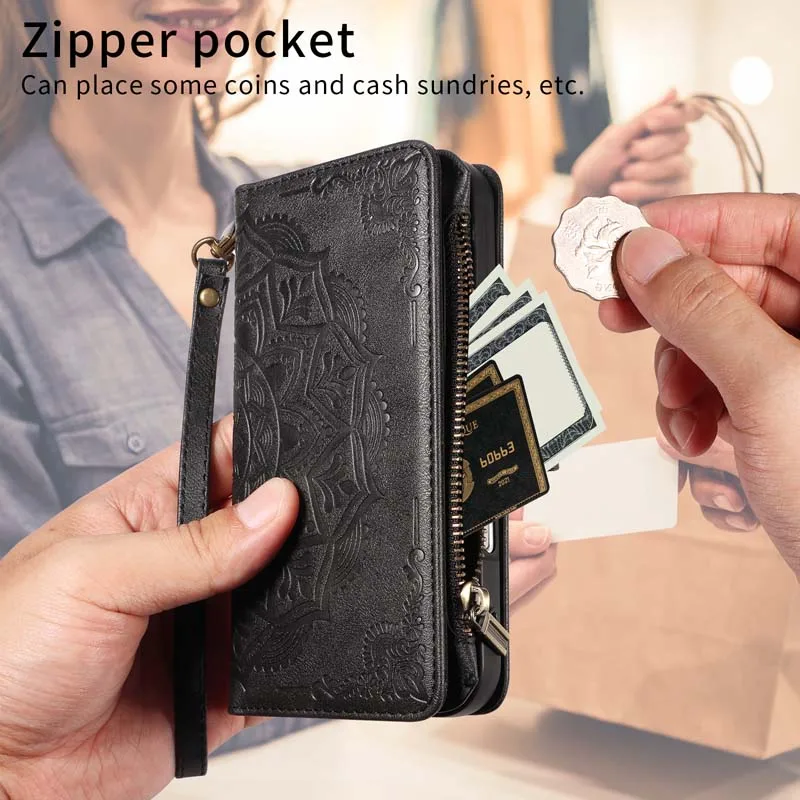 Leather Phone Case with Magnetic 9-Card Zipper Flip Wallet Holder