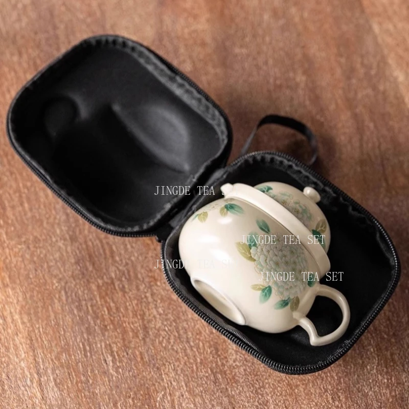 Hydrangea Travel Teaset Outdoor Portable Tea Cup Ceramic Underglaze Color Car Tea Brewing Set Tea Ceremony Accessories