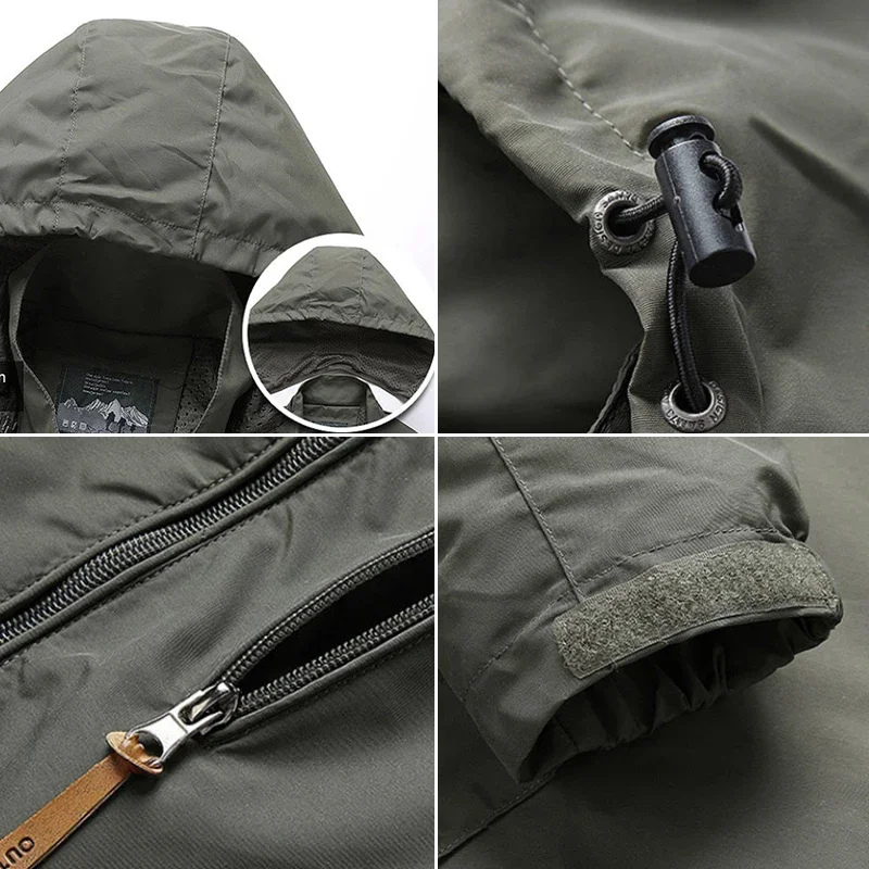 Men Casual Windbreaker Winter Hooded Zip-Up Jacket Waterproof Retro Jackets Softshell Camping Coat Work Wear Man Clothing 7XL