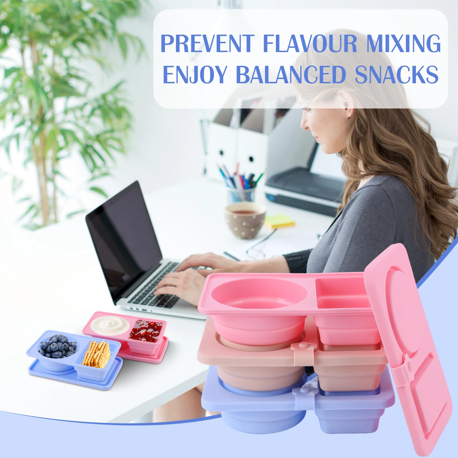 3Pcs 2 Compartment Silicone Snack Containers Multi-Function Food Storage Containers Sauce Seasoning Container for Camping Picnic