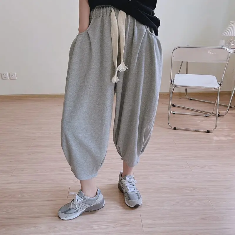 Summer Street Fashion Solid Color Ankle Length Pants Women High Waist Loose Elastic Waist Pockets Drawstring Wide Leg Trousers