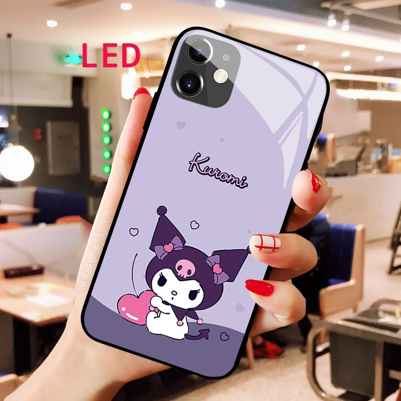 

Luminous Tempered Glass phone case For Apple iphone 13 14 Pro Max Puls Kuromi Luxury Fashion Simplicity LED Backlight new cover