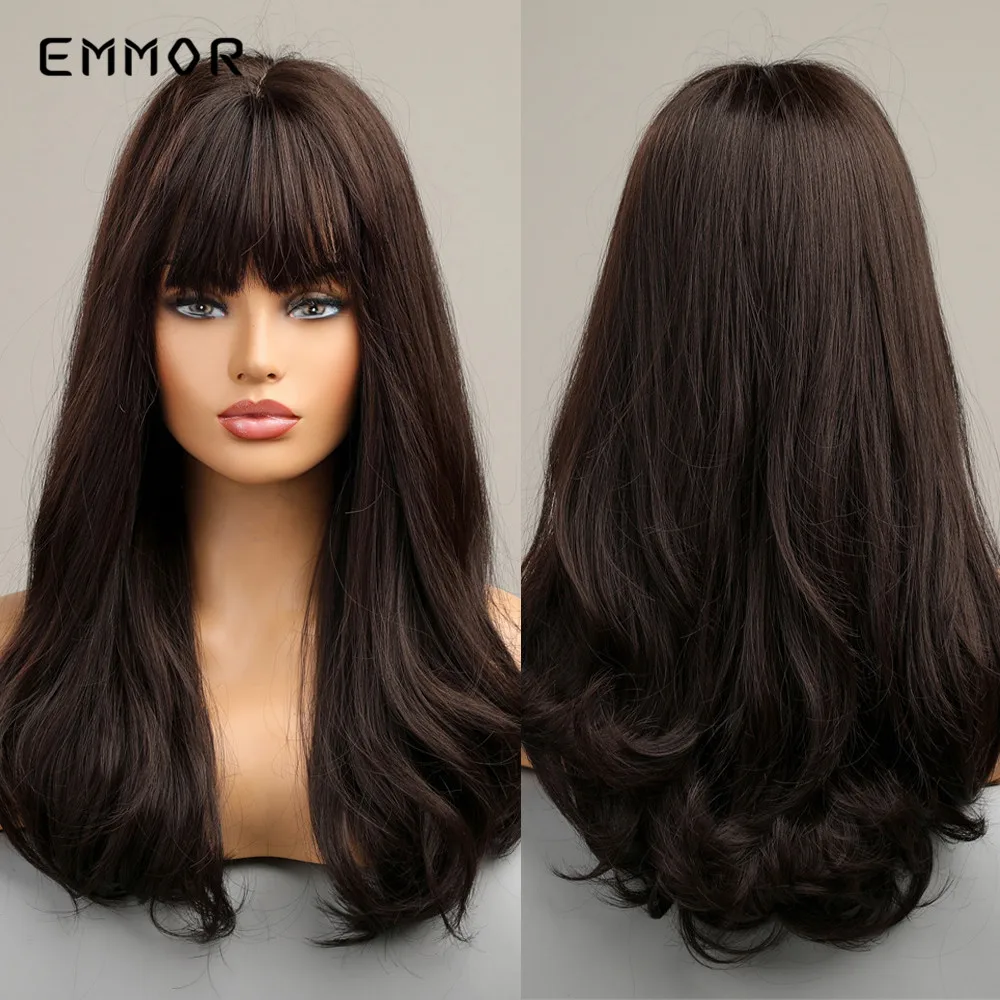 

Emmor Synthetic Ombre Brown to Black Wigs Natural Wavy Hair Wig for Women Cosplay Daily Wigs with Bang Heat Resistant Fiber Hair