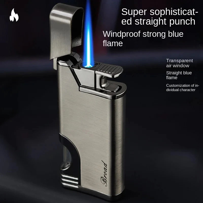 Transparent Gas Storage Tank Direct Spray Blue Flame Windproof Metal Lighter Outdoor Barbecue Kitchen Cigar Lighter Men's Gifts