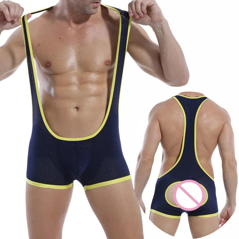 Mens Undershirts Mesh Backless Bodysuit Wrestling Singlet Leotard Male See Through One-Piece Jumpsuit Sexy Jockstrap Underwear men underwear