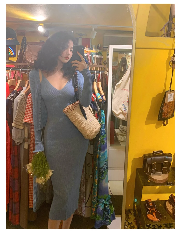 Vintage Chic Knitted 2-piece Dress Set Women Crop Cardigan V-neck Spaghetti Strap Bodycon Midi Dress Autumn New Female Clothing