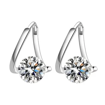 925 Sterling Silver Round Zircon Crystal Earrings Simple Geometric Design Engagement Jewelry Women Gift