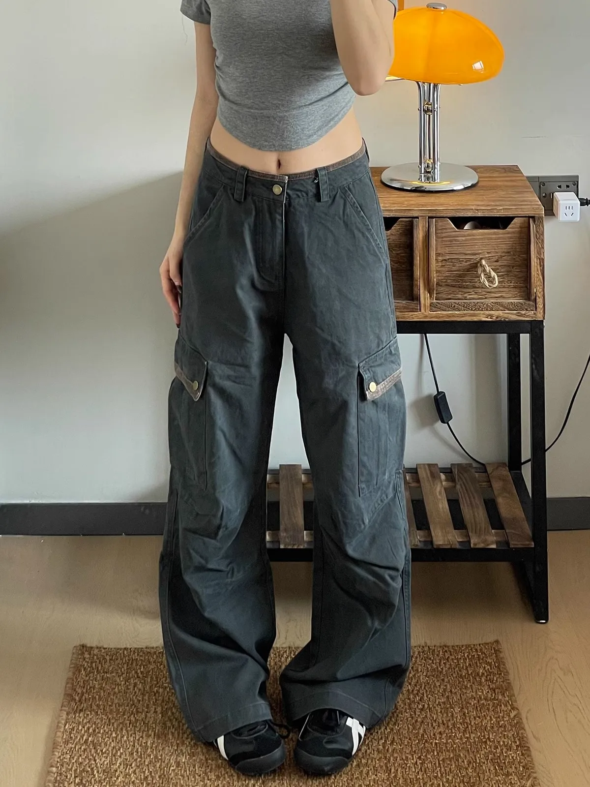 American Retro Workwear Denim Pants Women's High Waist Wide Leg Loose Straight Cut Trousers Spring Autumn New Sle Multi ket
