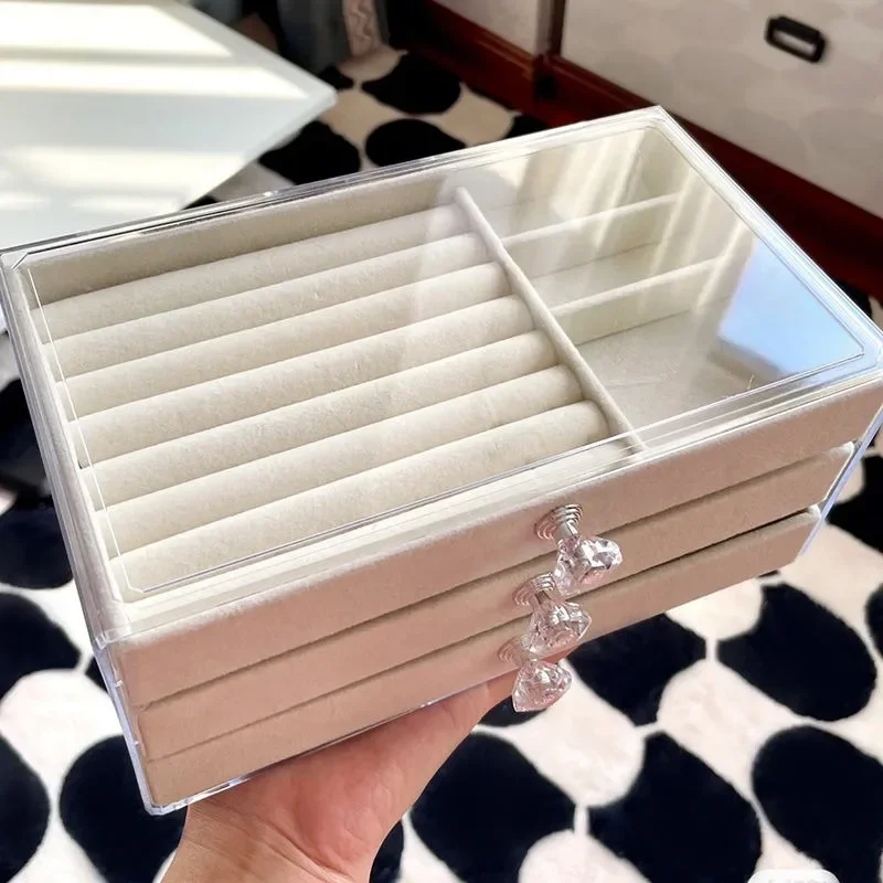 Simple Fashion 3-Layer Dust-Proof Acrylic Velvet Jewelry Organizer Box for Elegant Display and Storage Desktop Jewlery Boxes
