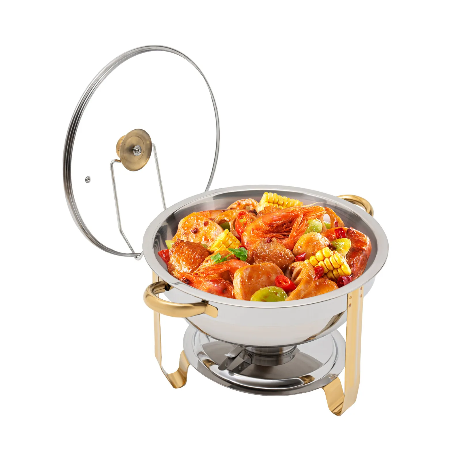 5L Edelstahl-Wärmebehälter, Chafing Dish mit stabilen Griffen und transparentem Deckel, runder Speisenwärmer, Suppenwärmer für Restaurants – Detail 2