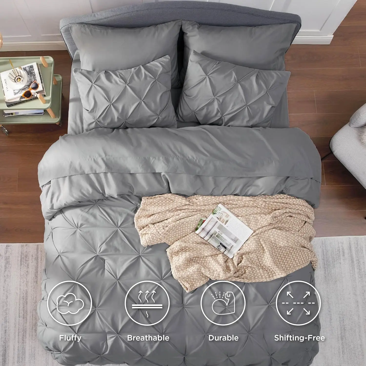 Bedsure Queen Comforter Set Grey - Bed in a Bag Queen Size 7 Pieces, GentleSoft™ Pintuck Bed Set Gift for Family 4