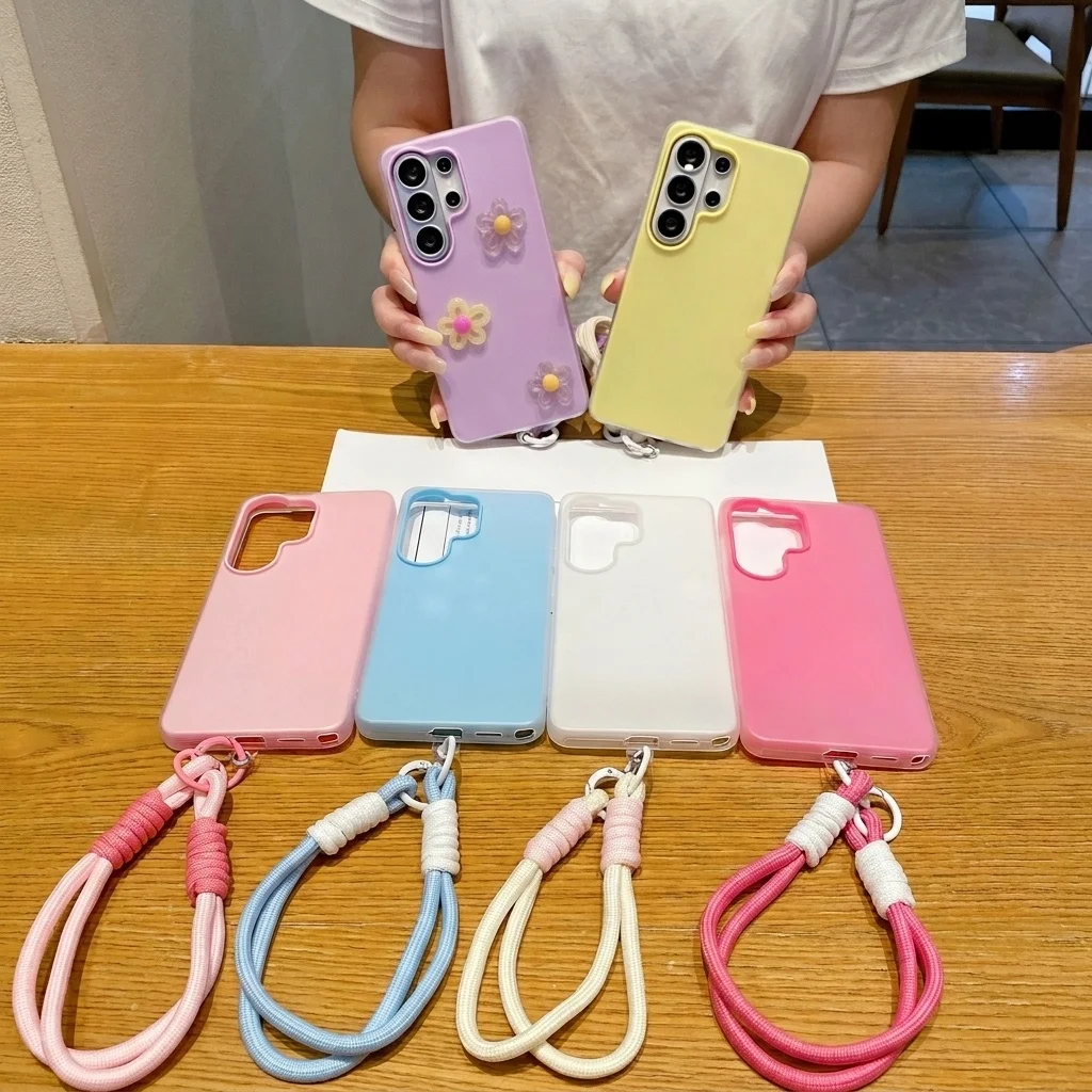 Korean Style 3D Colorful Flower Lanyard Phone Case - Shockproof TPU Soft Cover