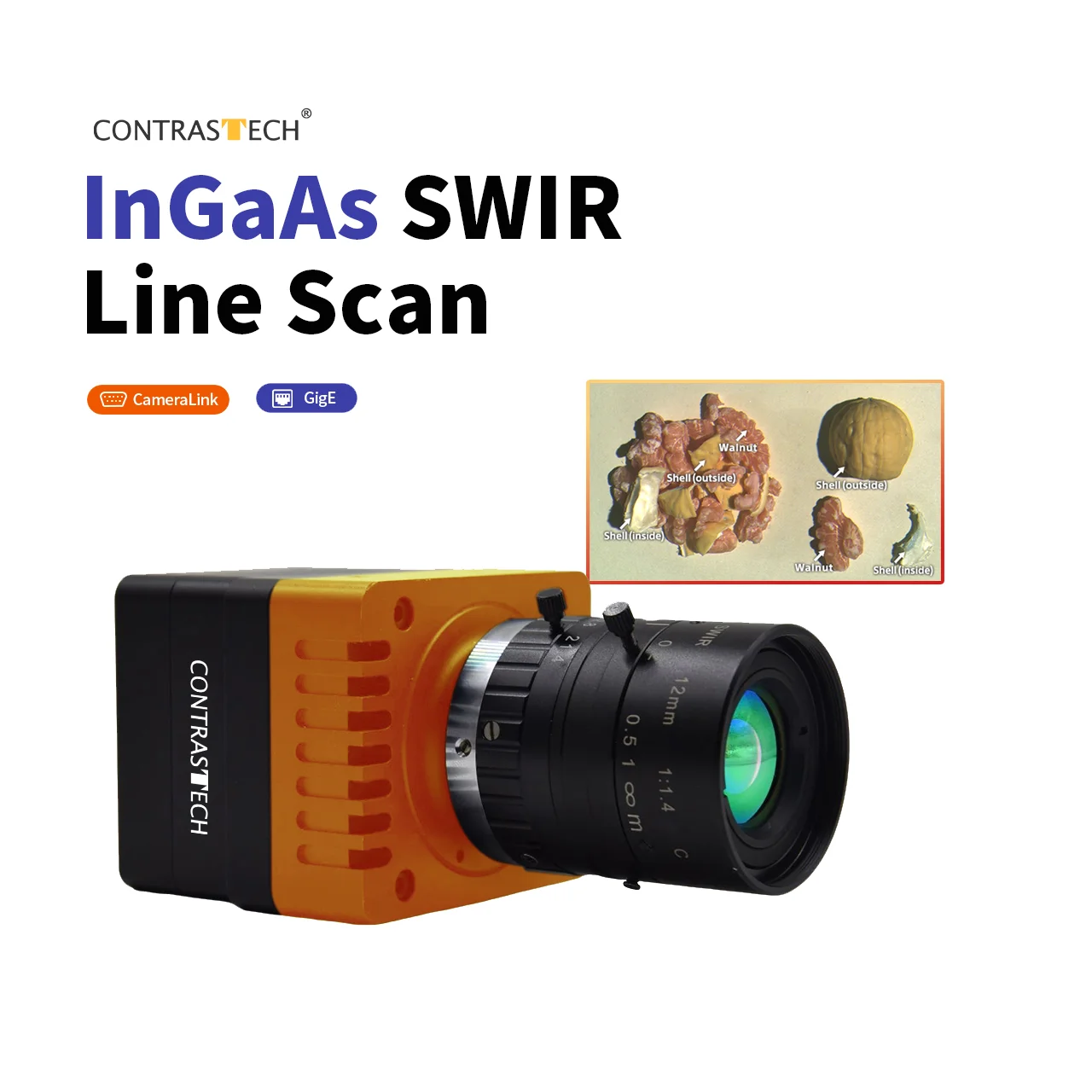 HD 1024x1 40kHz GigE/카메라링크 1K 단파장 적외선 900-1700nm 라인 스캔 InGaAs SWIR 카메라 (안개 관통용) Contrastech
