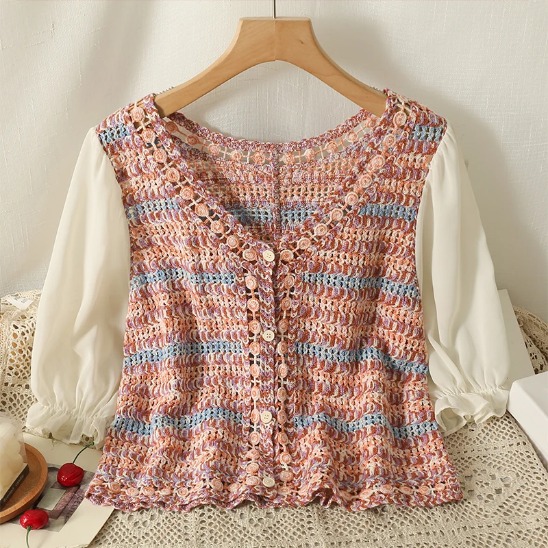 

Boring Honey V-Neck Chiffon Short Sleeves Fashion Women Blouses Single-Breasted Bubble Sleeves Tops Hollow Out Women's T-Shirts