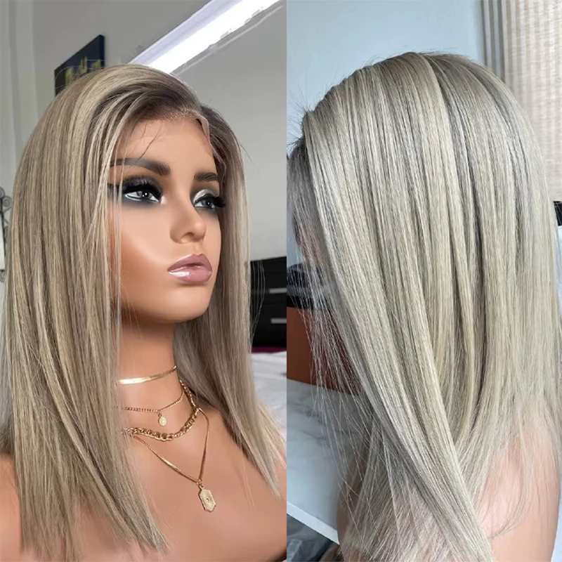 Short Ash Grey Blonde Bob Wigs for White Women Ombre Blonde Wig with Brown Roots Straight Heat Synthetic Daily Party Wig 16 inch