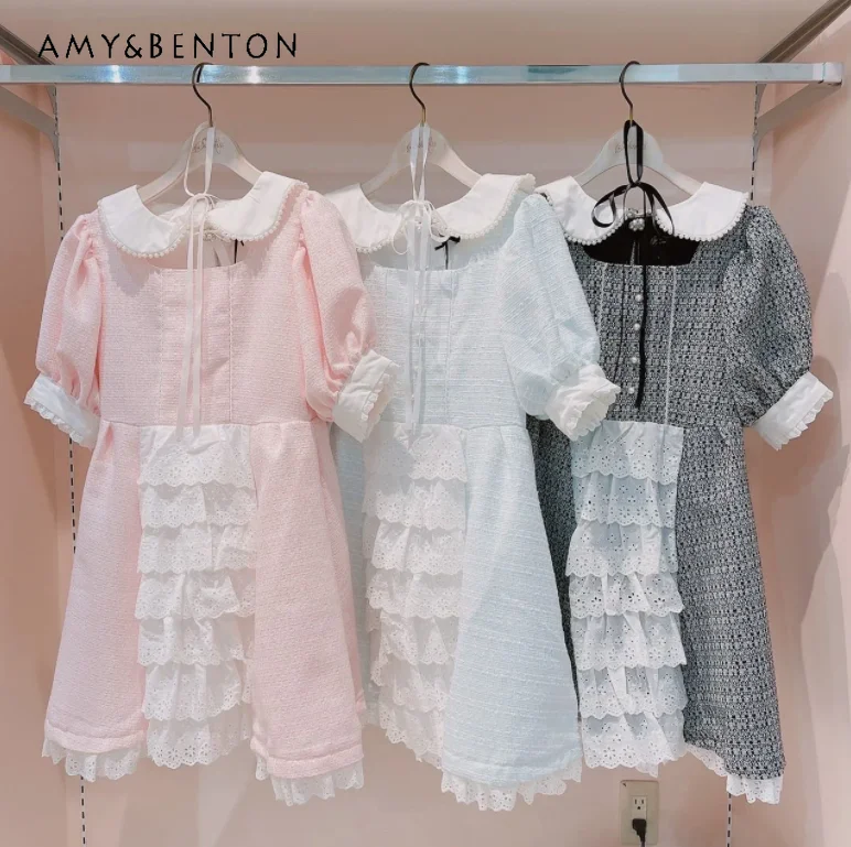 

Japanese Sweet Cute Ruffles Dresses Women Summer Elegant Retro Doll Collar Hollow Out Mini Dress Kawaii Bow Slim A-line Dress