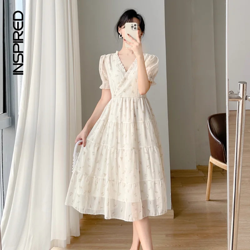 

Chiffon Floral Dress Women 2023 Summer Loose Breathable V-neck Short Sleeved Dresses for Women's Casual Printed Midi Dress