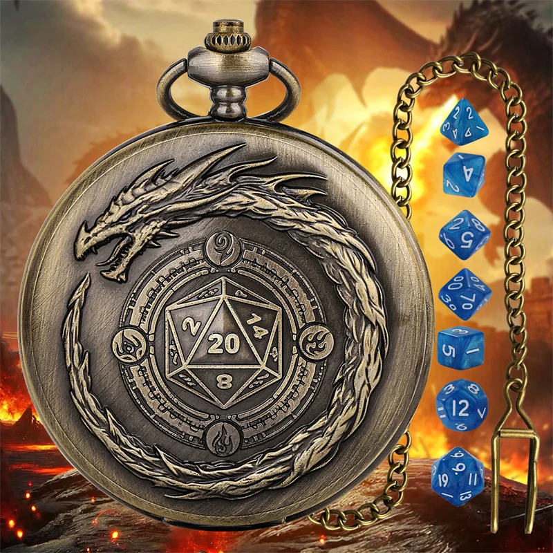 Antikes großes Drachenschwanz-Taschenuhrengehäuse mit 7 Acryl-Mini-Würfeln als Tisch-Rollenspiel-Zubehör – Detail 2